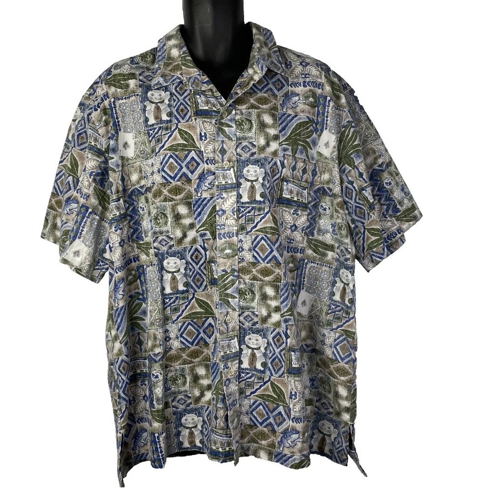 Vintage 80s Diamond Head Hawaiian Shirt Size 2XL Lucky Cat Frog Tapa Reverse